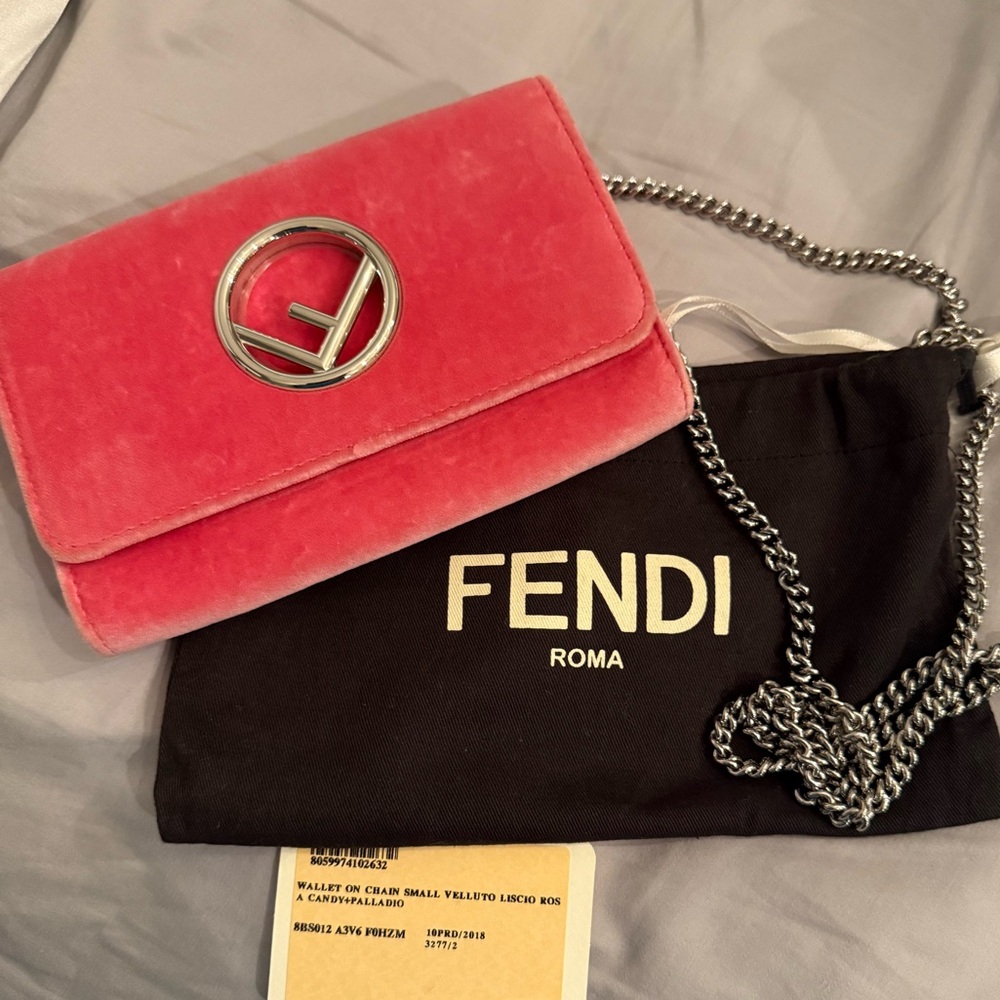 Fendi F Logo Wallet On A Chain Candy Pink Velvet Bag